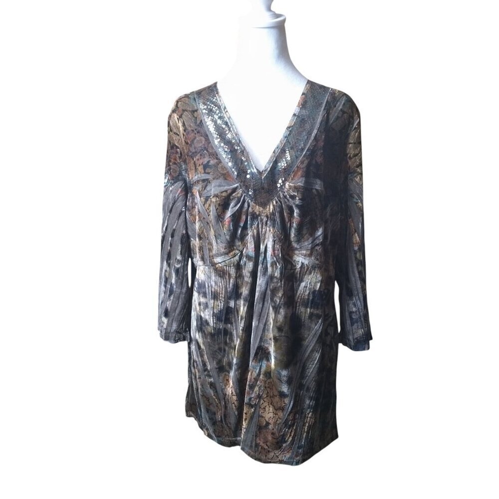 Apt. 9 Women's 2X Brown Velvet Babydoll Beaded Boho Fairy V-Neck Witchy Tunic